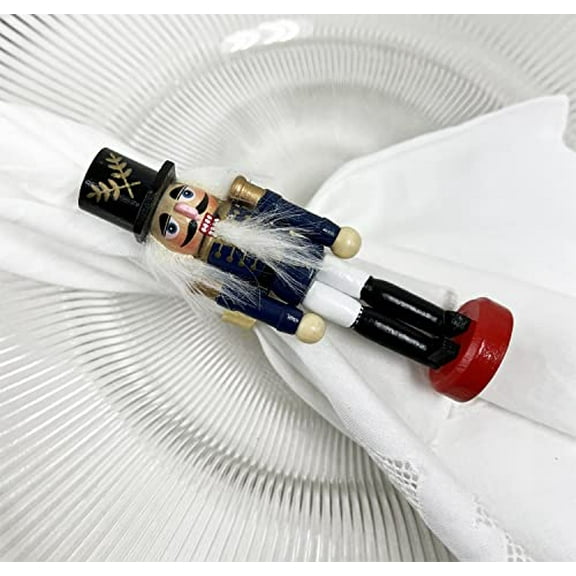Fennco Styles Handmade Wooden Nutcracker Decorative Napkin Rings, Set of 4 - Navy Blue Festive Soldier Napkin Holders for Dining Table, Christmas, Holidays Décor and Special Occasions