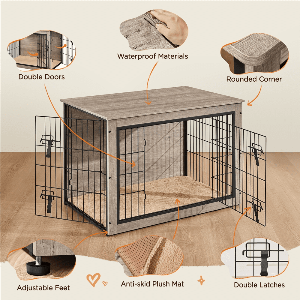 Renwick 38"W Industrial Dog Crate Furniture with Anti Skid Plush Mat, Gray