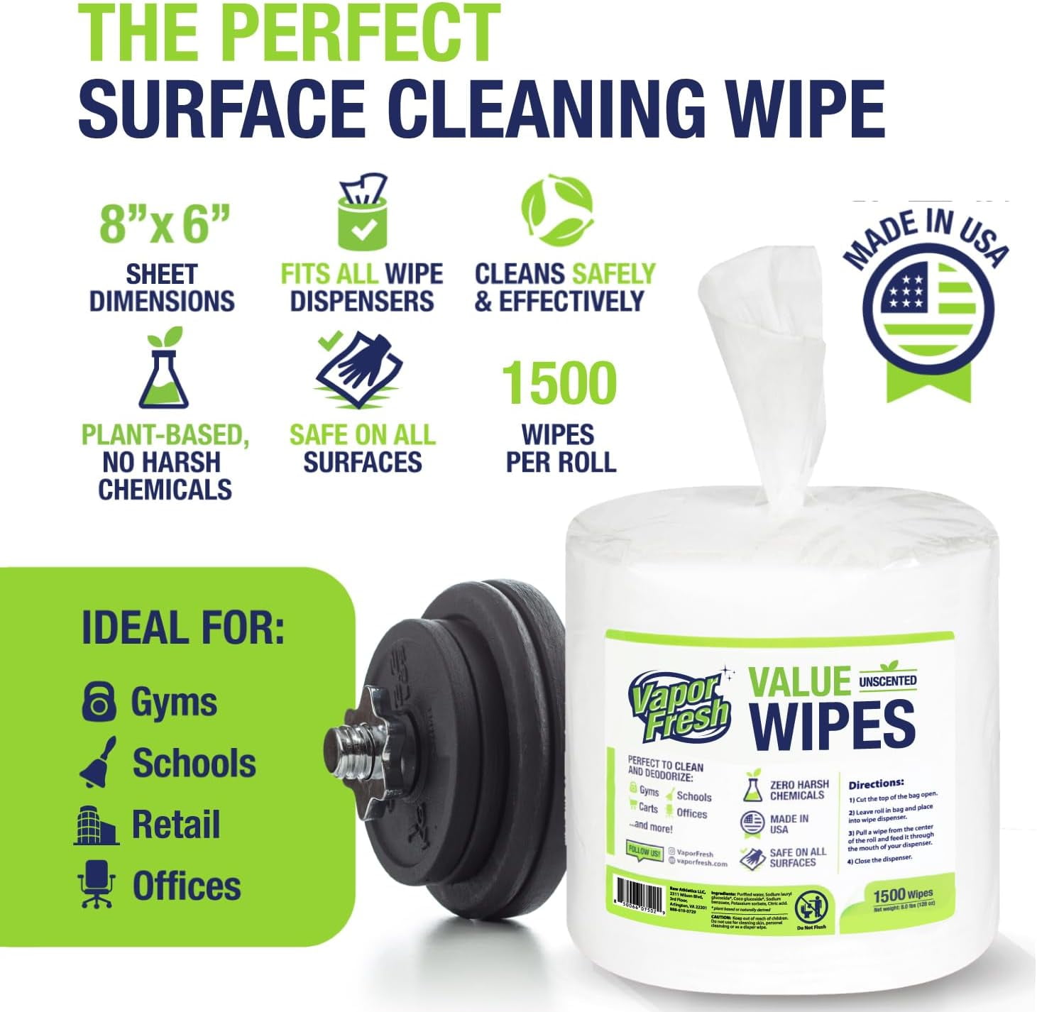 Vapor Fresh Value Wipes - 1,500 Count x 4 Rolls (6,000 Total Wipes) Plant Powered Commercial Grade Cleaner for Gym Equipment, Fitness Studios, Spas, Schools - Bulk Refill Rolls - Unscented