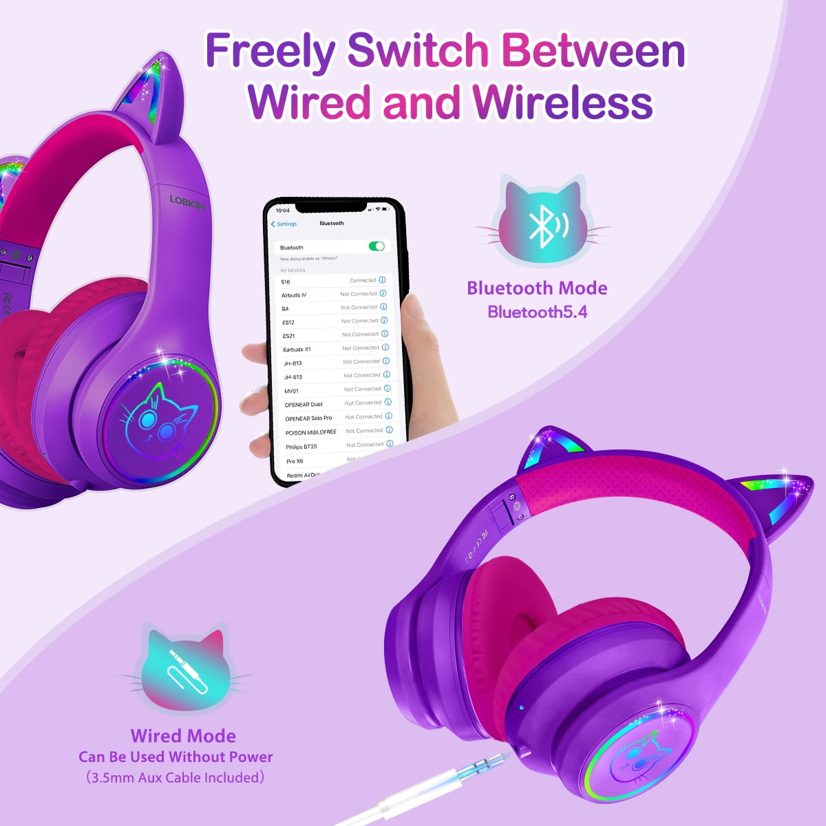 LOBKIN Kids Wireless Headphones, Cat Ear Headphones with LED Lights for Boys/Girls, Childrens Bluetooth Headphones Foldable with Microphone for Phone/Tablet/Laptop (Purple Pink)