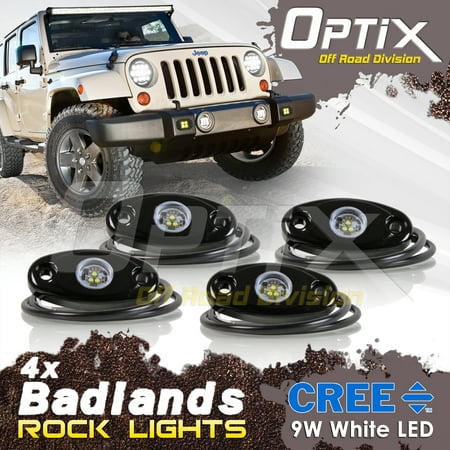 Optix Universal 4pcs White LED Rock Light Pods for ATV SUV Off-Road Truck Boat Jeep Wrangler Underbody Wheel Well Trail Rig Lamp interior Exterior Waterproof (Best Off Road Shocks Jeep)