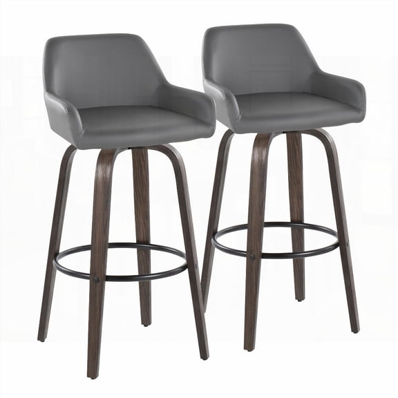 Contemporary Walnut Glazed Wood & Grey Faux Leather 30" Barstools - 2-Pack with Swivel & Black Metal Footrest