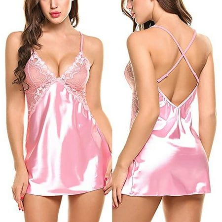 

UDAXB Lingerie Women Lingerie V Neck Nightwear Satin Sleep Sexy Lace Chemise Mini Dress PK/L
