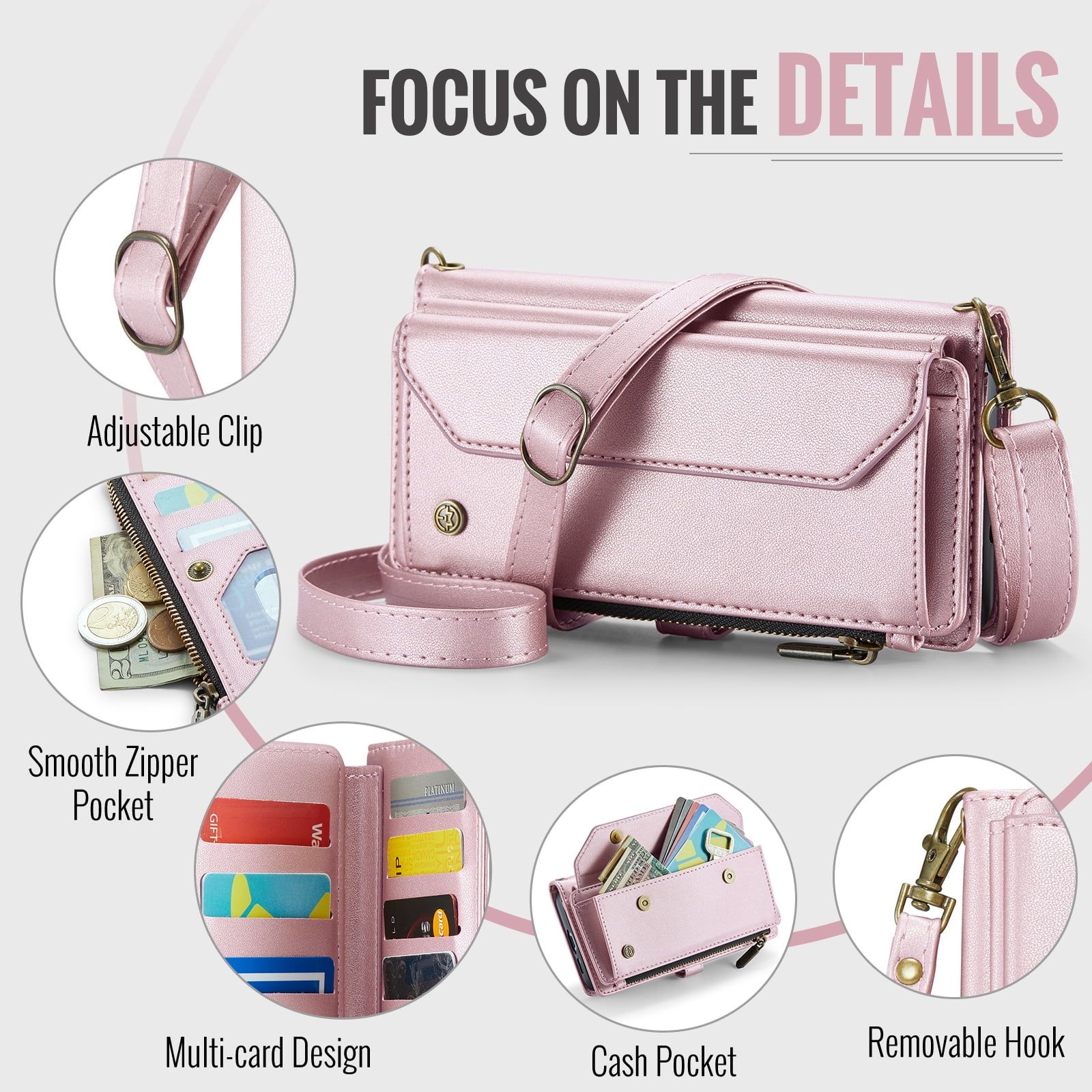 for Samsung Galaxy A12 5G Full Body Protection Wallet Folio Flip Case, Shoulder Strap & Wristlet Card Slots Zipper Pocket RFID Blocking Rugged Durable PU Leather Phone Case Cover, Pink
