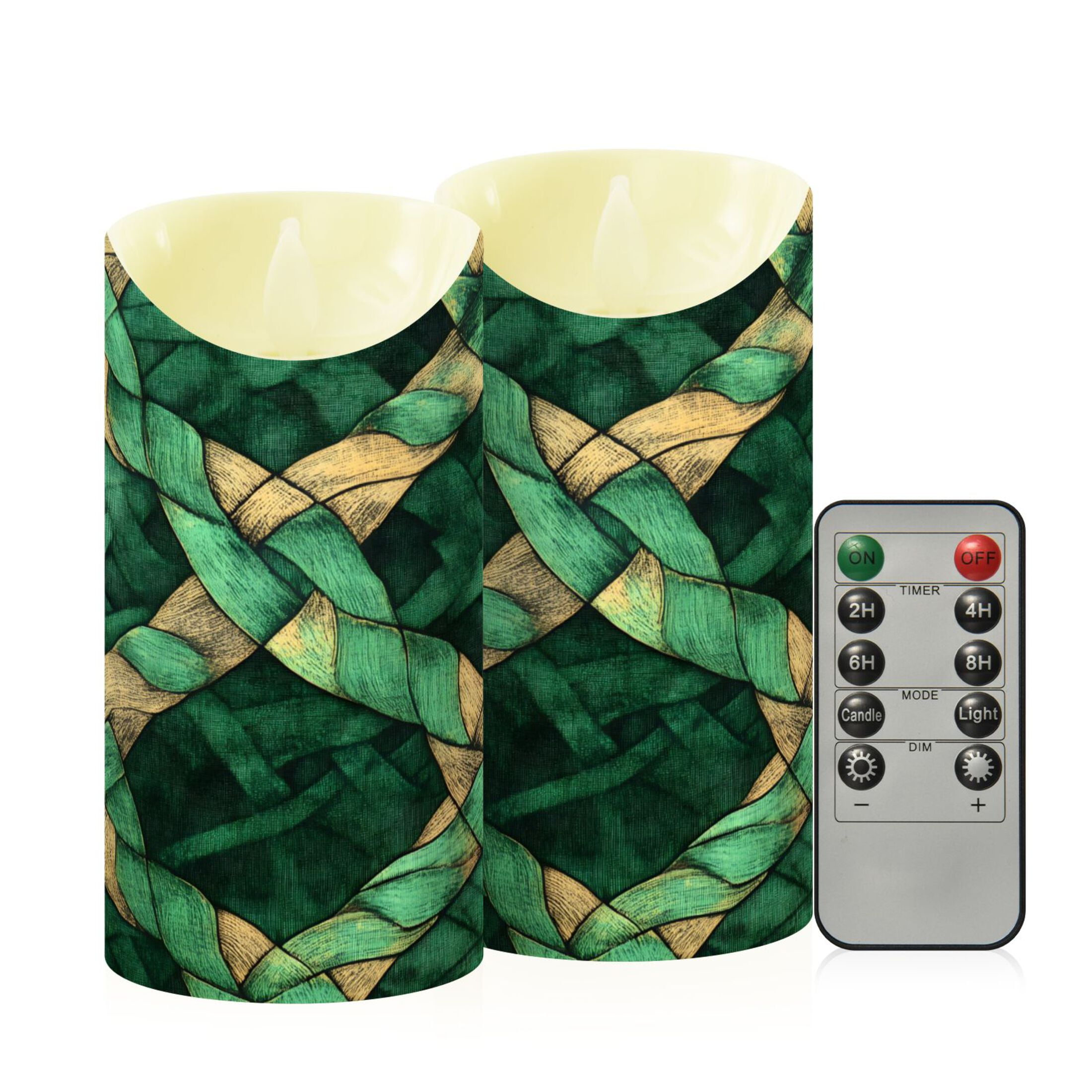 Celtic Knots Pattern Flameless Candles 2 PCS with Remote Realistic Moving Flame LED Tapered Pillar Set for Home Decor