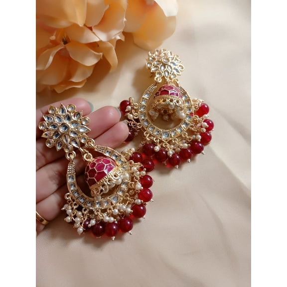 Gold-Plated Kundan Jhumka Earrings with Red Beads – Traditional Indian Bridal Jewelry
