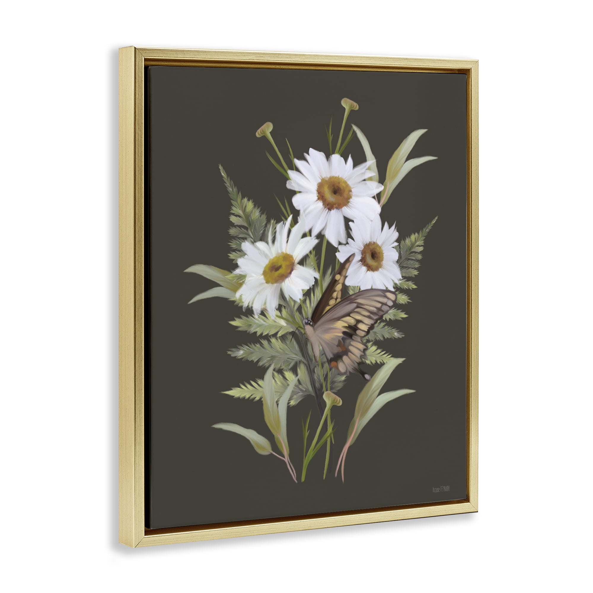 Stupell Industries Daisy Bouquet with Swallowtail Gold Framed Floater Canvas Wall Art, design by House Fenway