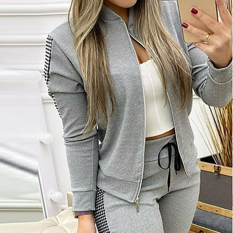 Womens Suit Sets Women Casual Long Sleeve Coat Contrast Plaid Jacket Drawstring Print Pants Set Stylish Clothing