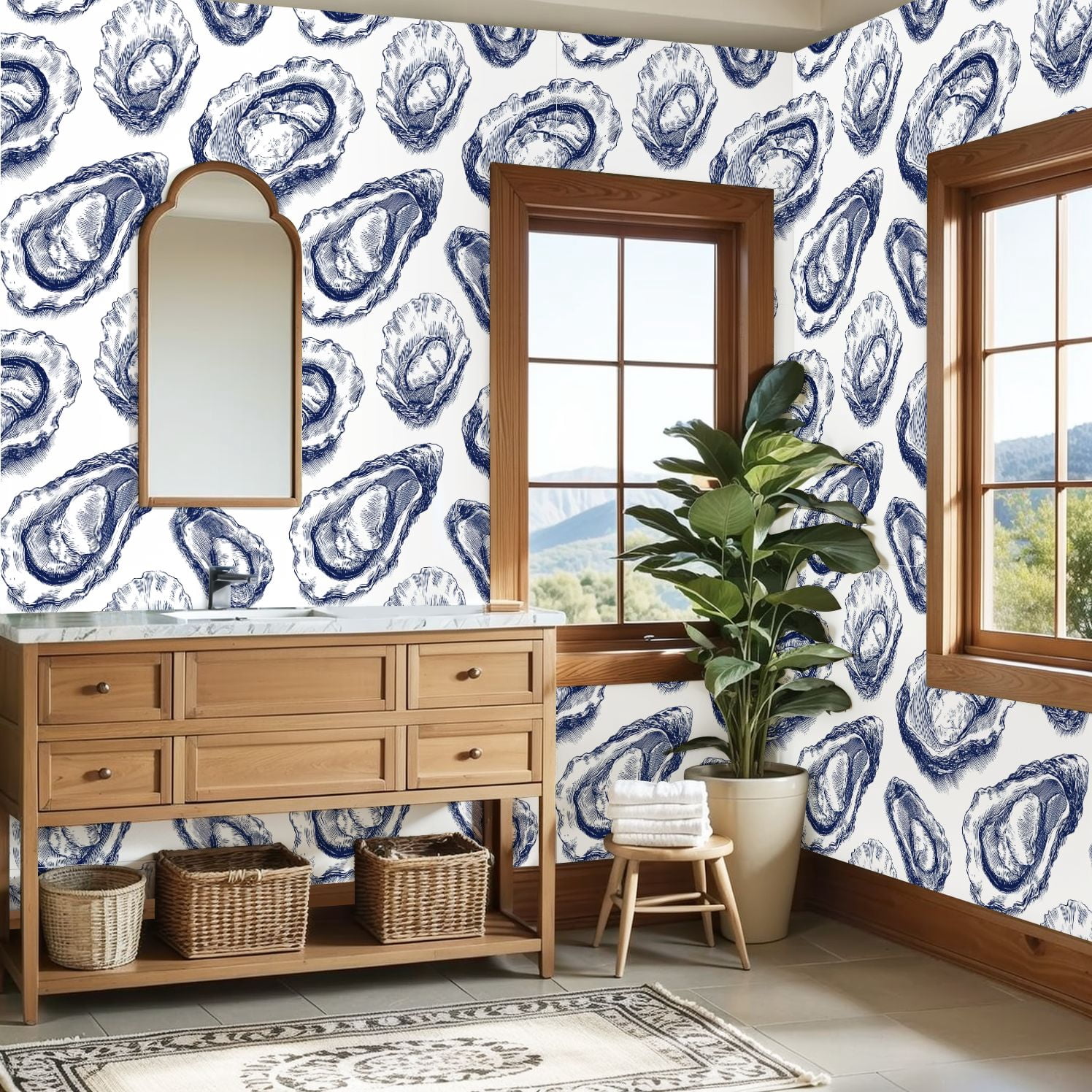 Peel and Stick Wallpaper Oysters Hand Drawn Nautical Blue Ink White Wall Mural 23.6in x 9.8ft Self Adhesive Removable Wall Paper Renter Friendly Wallpaper for Bedroom