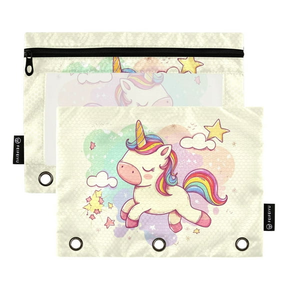 Cartoon Baby Unicorn and Star 2 Pack Pencil Pouch for 3 Ring Binder Smooth Zipper Folders with Pockets Clear Window Pencil Case
