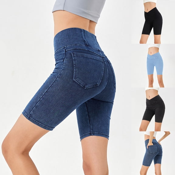Yourumao Stretchy Jean Shorts for Women High Waisted Crossover Pull On Jorts Booty Lifting Denim Shorts Summer Yoga Shorts