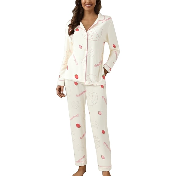 MEICHEN Pajamas for Women Set Women Casual Lapel Button Print Two Piece Long Sleeve Pajamas Pajamas Suit Women's Sleepwear