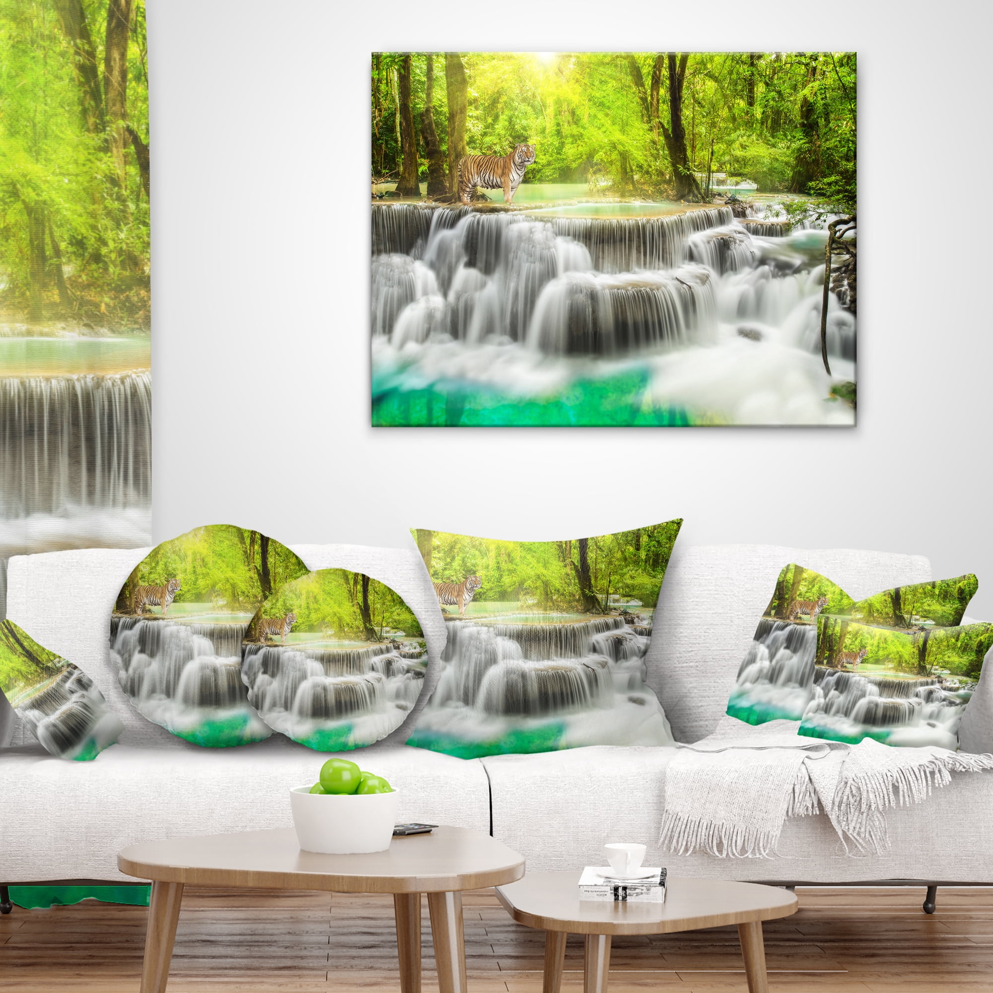 Designart Erawan Waterfall in Kanchanaburi - Photography Throw Pillow - 12x20