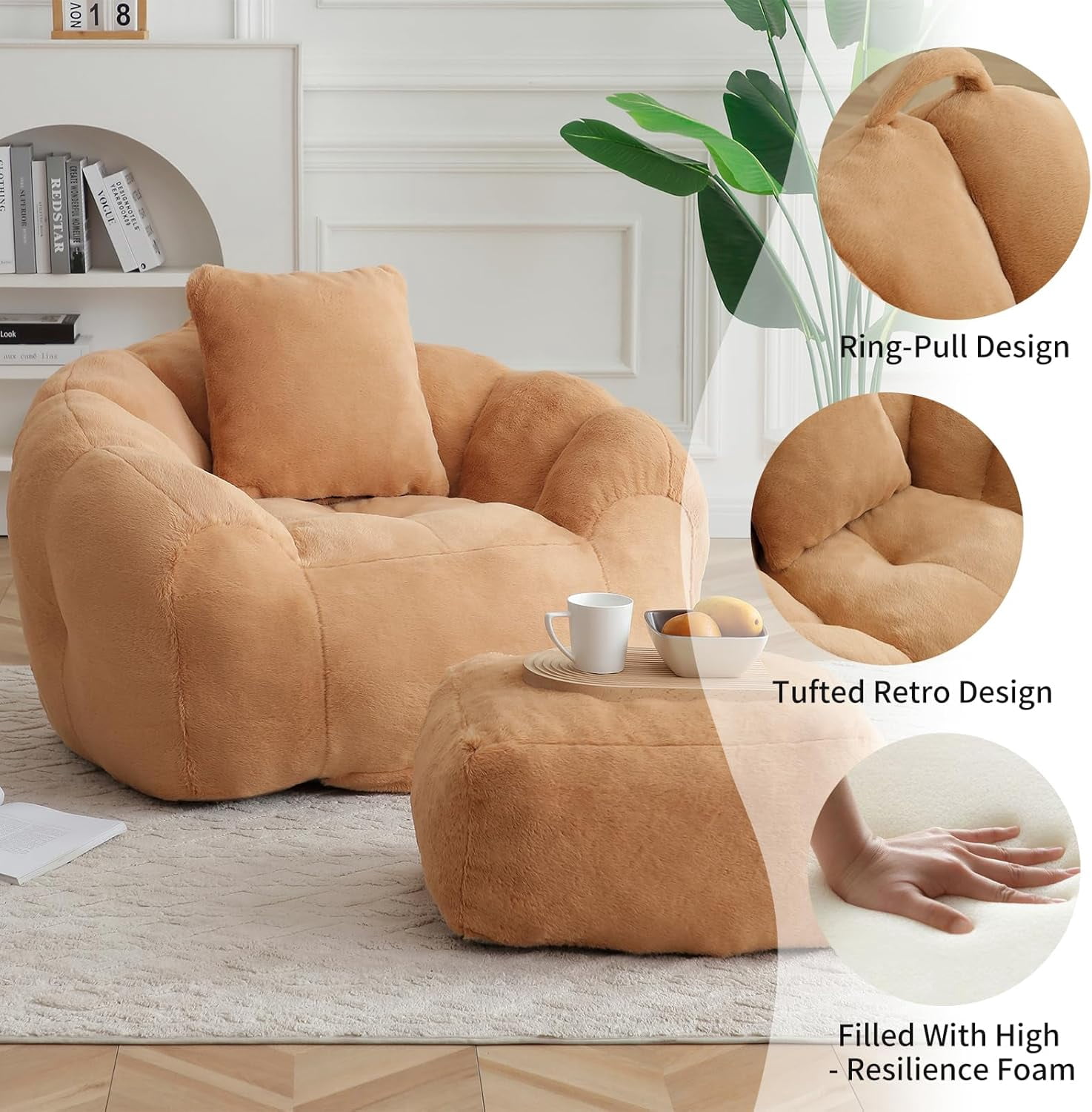 Howcool Giant Oversized Bean Bag Chair with Footstool,45.4" Faux Fur Shell-Shaped Lounge Chair,Pre-Filled Foam Floor Sofa for Adults & Kids, Comfy Gaming Reading Chair for Living Room Bedroom, Khaki
