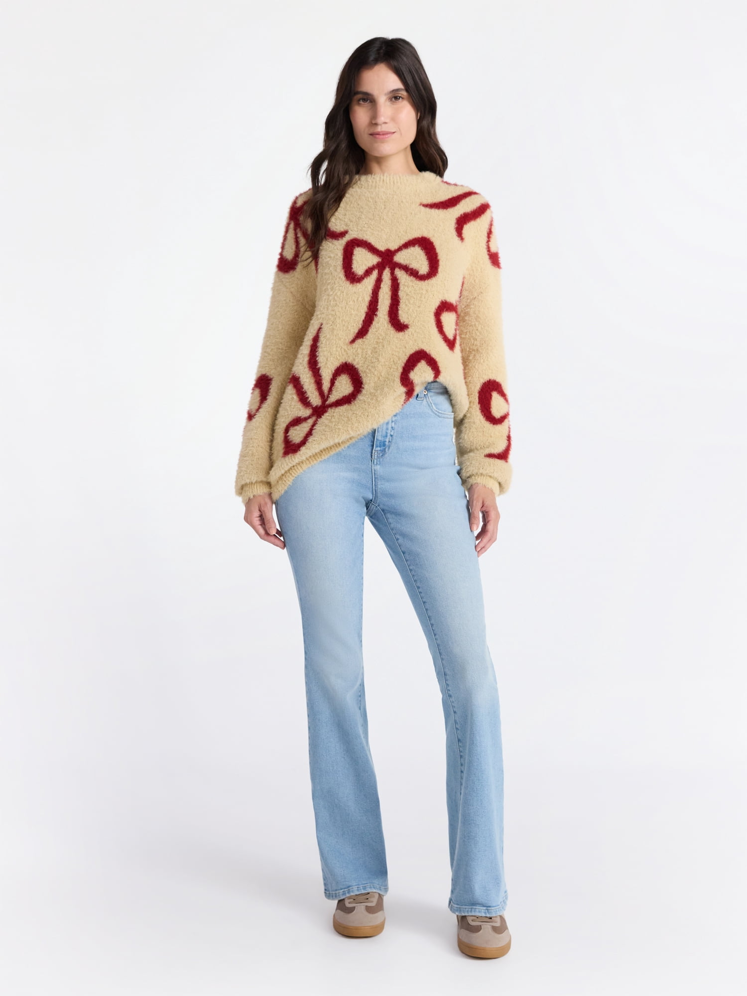 99 Jane Street Women's and Women's Plus Bow Print Pullover Sweater, Midweight, Sizes XS-4X