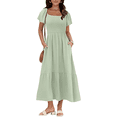 thumbnail image 3 of Women Summer Casual Square Neck Flutter Sleeve Boho Smocked A-Line Flowy Tiered Modest Midi Sun Dress with Pockets Light Green XL, 3 of 7