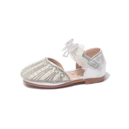 

Rotosw Kids Flats Bowknot Dress Shoes Uniform Mary Jane Lightweight Rhinestone Princess Shoe Wedding Fashion Silver 10C