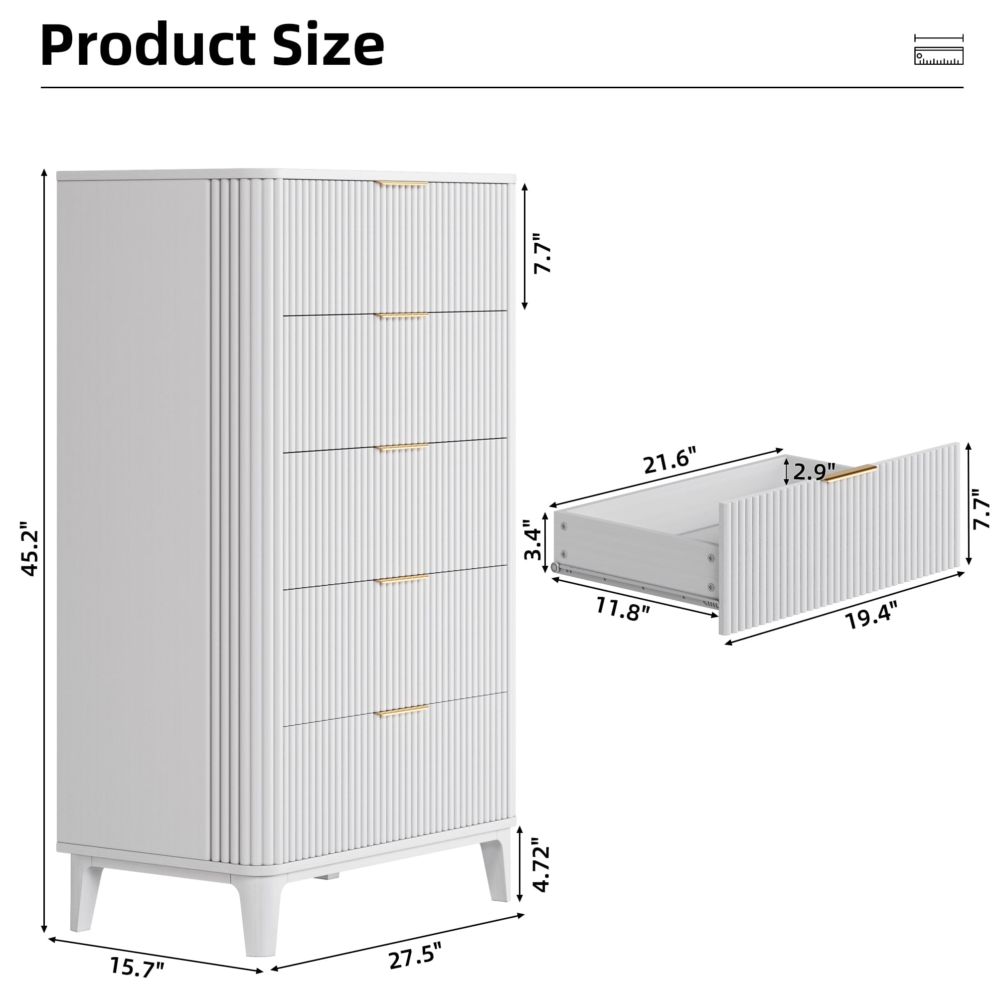 TOKSOM 5 Drawer Dresser, Modern Minimalist Tall Chest of Drawers, White Wood Clothing Organizer with Fluted Design & Gold Handles for Bedroom
