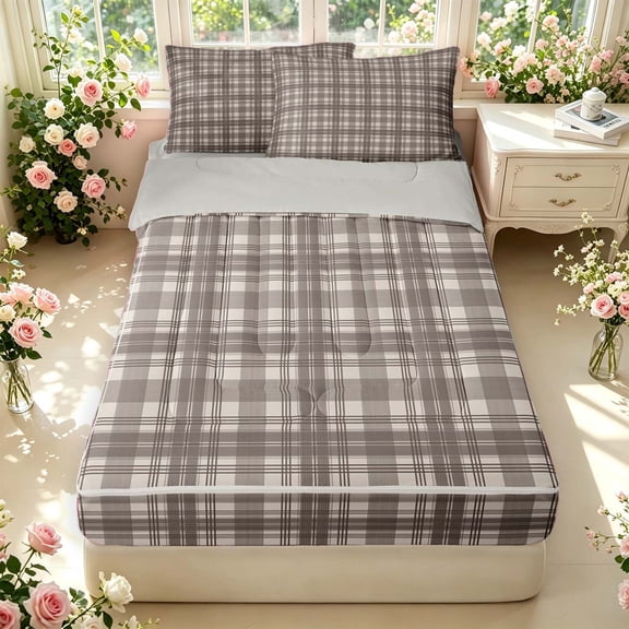 Manfei Rustic Check Zipper Twin Comforter Sets with Fitted Sheet and 2 Pillowcases,Vintage Plaid Zipper Bedding Set,Gray Brown,Light Gray Reversible,4pcs