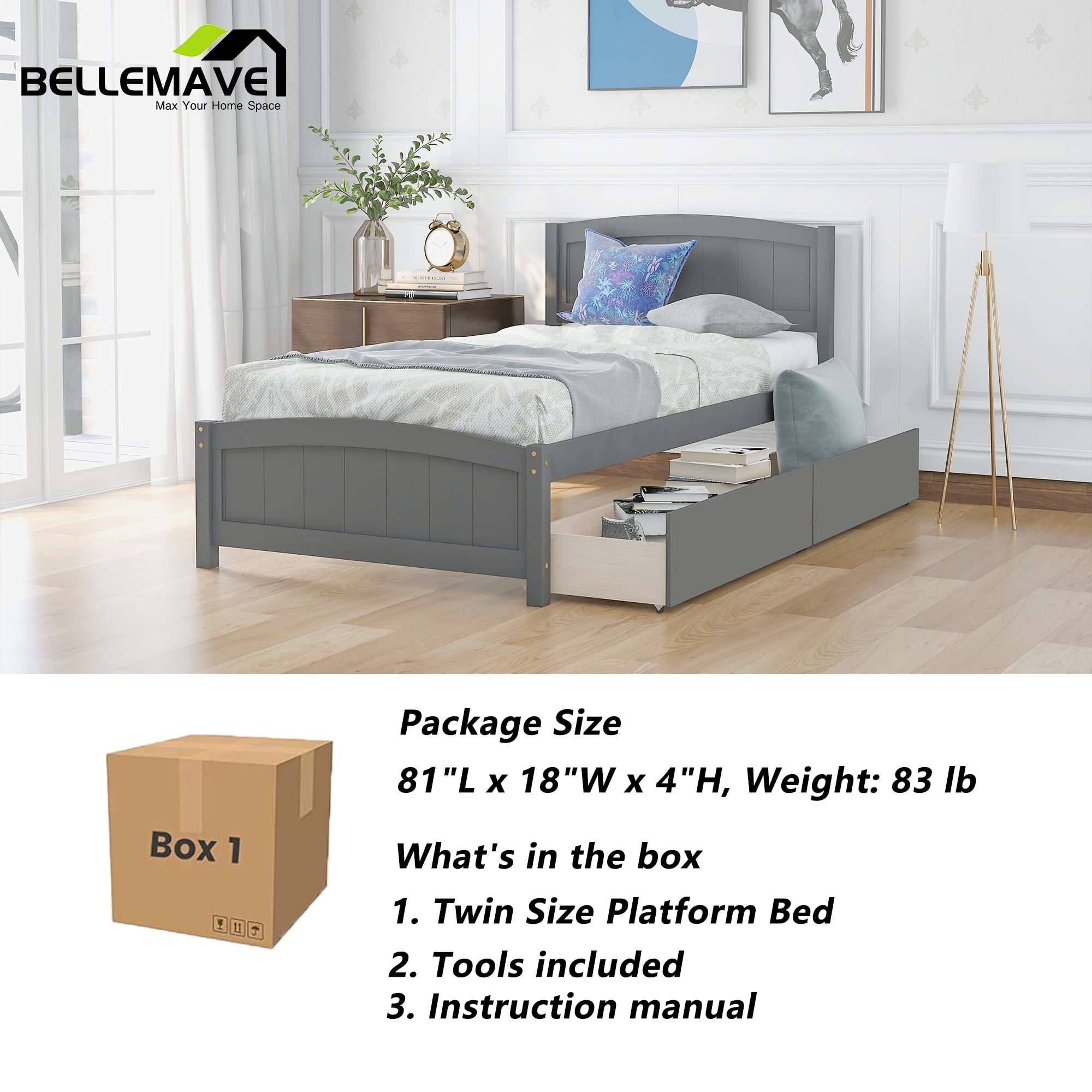 Twin Platform Bed Frame with Storage Drawer, Twin Bed Frames with Headboard and Slats, Twin Size Platform Bed Frame(Gray)