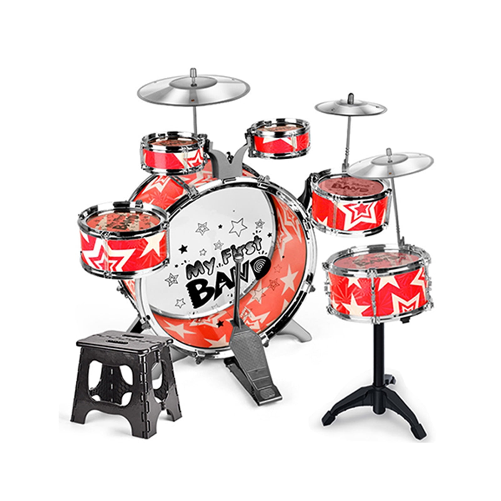 Drum Kit Kids Drum Set 6 Piece Jazz Drum Kit with Cymbal Pedal Drumsticks Folding Step Stool Percussion Musical Instrument for Children Beginners Plastic Metal