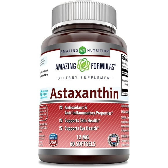 Amazing Formulas Astaxanthine Complément Alimentaire 12Mg 60 Softgels (Sans Gmo, Sans Gluten)