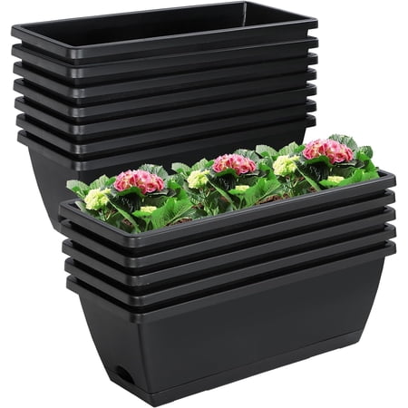 Rectangle Planter Box Drainage Holes & Trays 17In 12Pcs Gray Flower Pots Indoor Outdoor