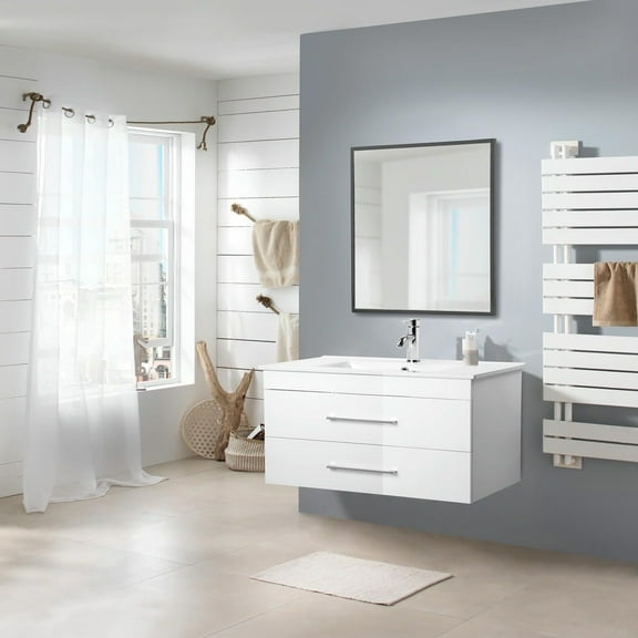 Spaco 32-Inch White Gloss Wall-Mounted Bathroom Vanity with Double Drawers, Soft-Close System,Ceramic Sink, Modern and Minimalist Bathroom Vanity, White