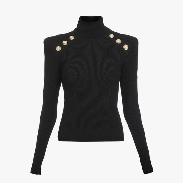 Suéter de cuello alto de punto europeo y americano de manga larga negro para viajeros con temperamento, mezcla de lana, top ajustado