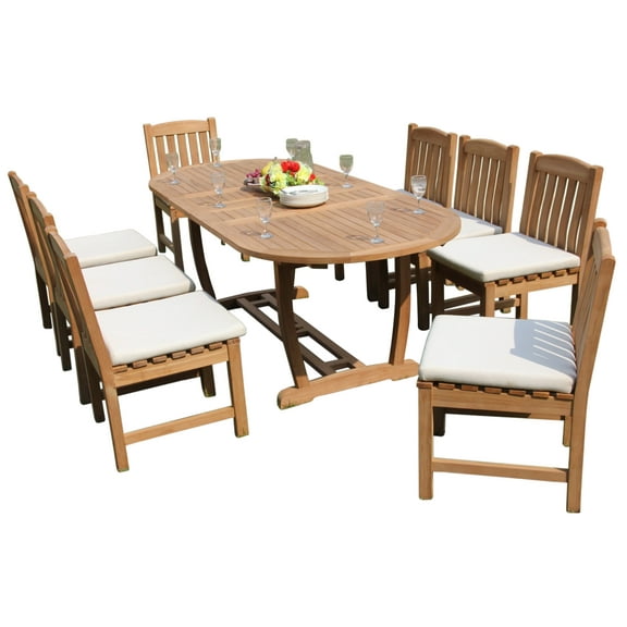 Grade-A Teak Dining Set: 8 Seater 9 Pc: 94" Mas Oval Trestle Leg Table And 8 Devon Armless Chairs Outdoor Patio WholesaleTeak #51DV2309