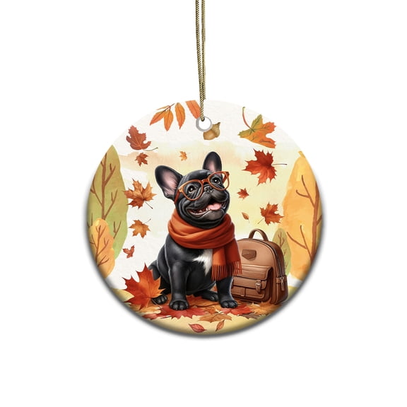 Welcome Fall French Bulldog Enjoys School Time Autumn Fall Leaves Ceramic Round Ornament Dog Lover Gifts Home Tree Decor - 02013