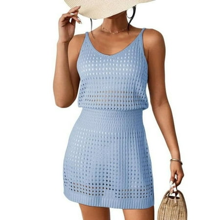 SWSMCLT Women s Above Knee Bikini Cover Up Pull On Coverup Dress Cami Cover Up Casual Cool Curvy Cable Knit Blue Small