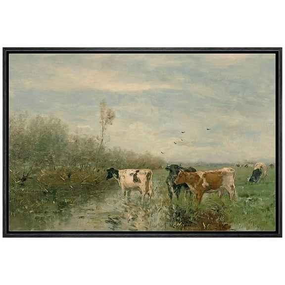 wall26 Framed Canvas Print Wall Art Pastel Valley Cow Farm Field Landscape Nature Wilderness Illustrations Fine Art Decorative Rustic Multicolor for Living Room, Bedroom, Office - 24"x36" B