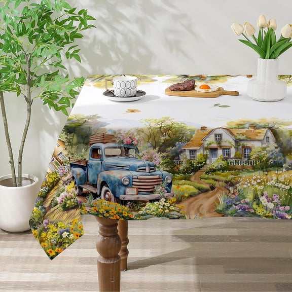 Spring Tablecloth 60x84 Inch Rectangle - Farmhouse Spring Decorations for Home - Washable Truck Garden Flower Table Cloth Rectangle for Party,Table