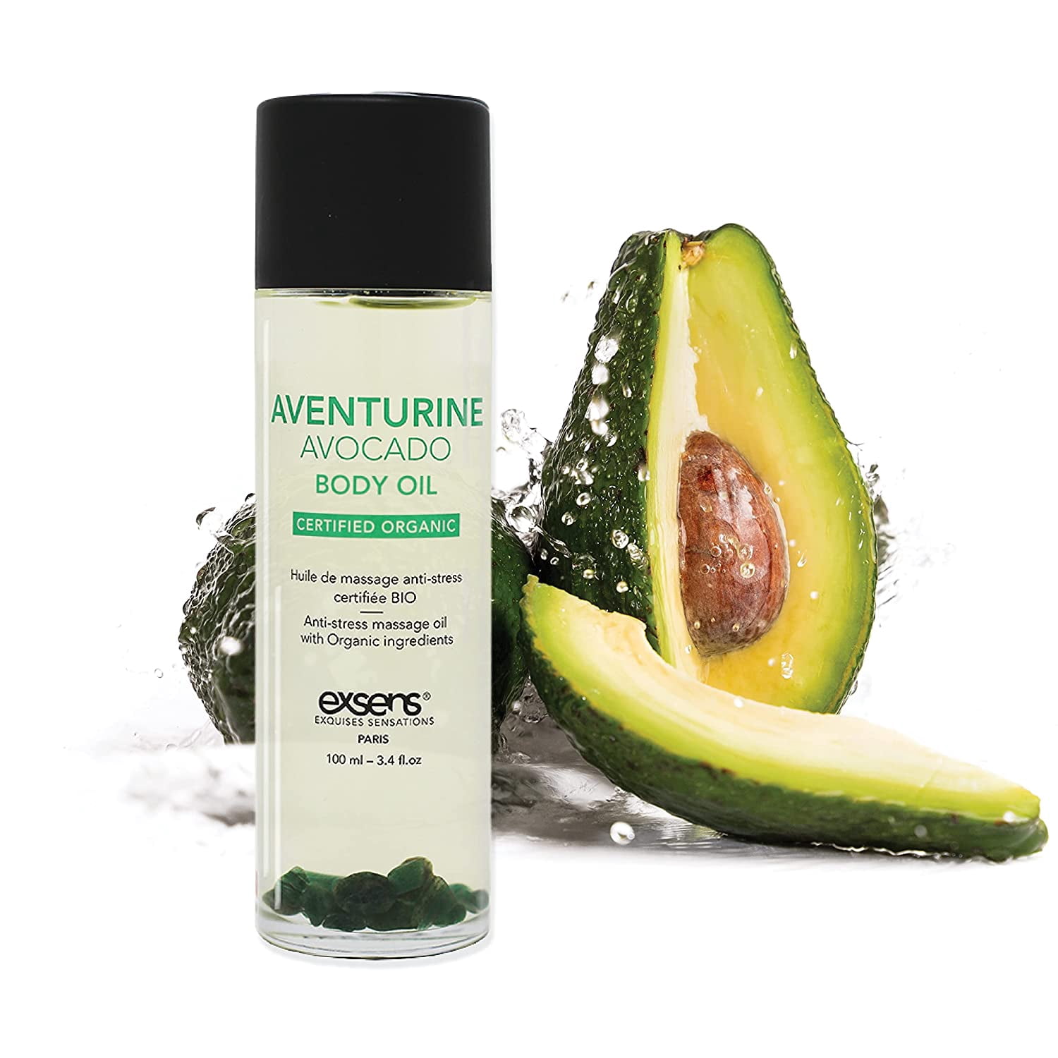 Exsens Avocado Aventurine Crystal Infused Body Oil, Moisturizer for Skin & Hair, Certified Vegan, Easily Absorbed Organic Body Oil, Natural Fragrance, 100ml (3.4 fl.oz), 1 Count