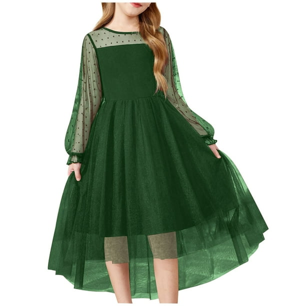 Odeerbi Niñas Tiered Tul Princesa Vestidos de Noche Vestido Formal de Manga Larga de Malla Vestido de Fiesta