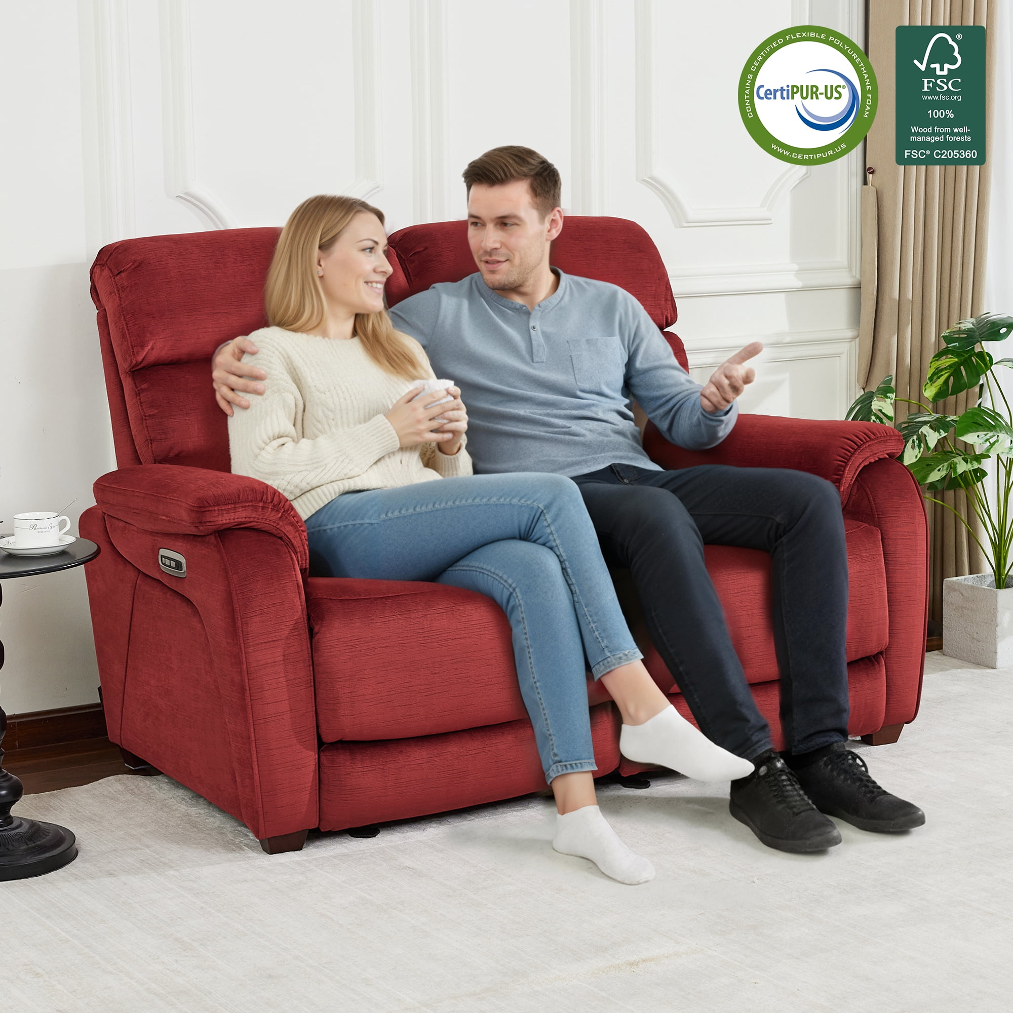 MCombo Zero Wall Hugger Power Recliner Loveseat for Living Room, RVs, Small Spaces, Fabric, Burgundy