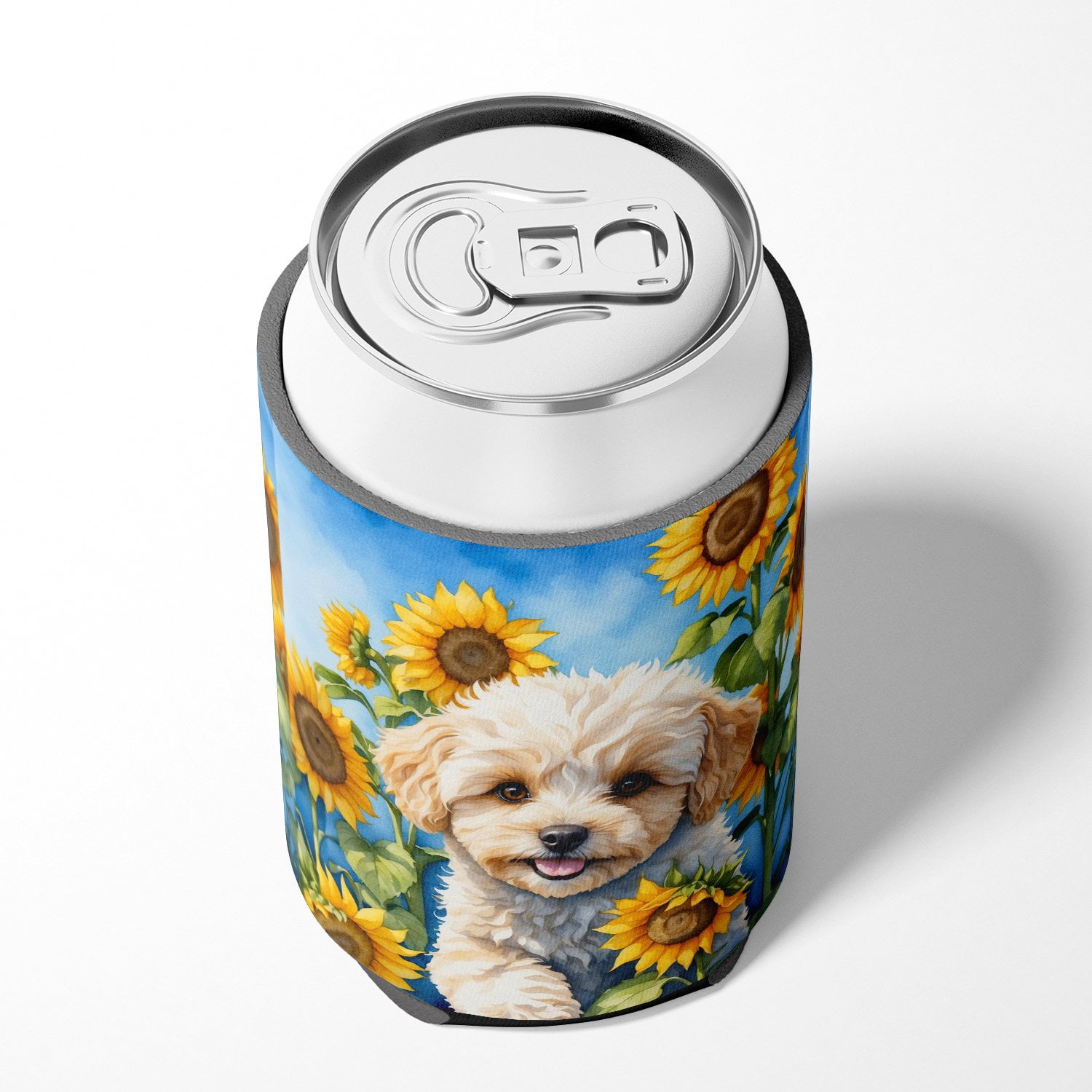 Maltipoo in Sunflowers Can or Bottle Hugger 3 in x 5 in
