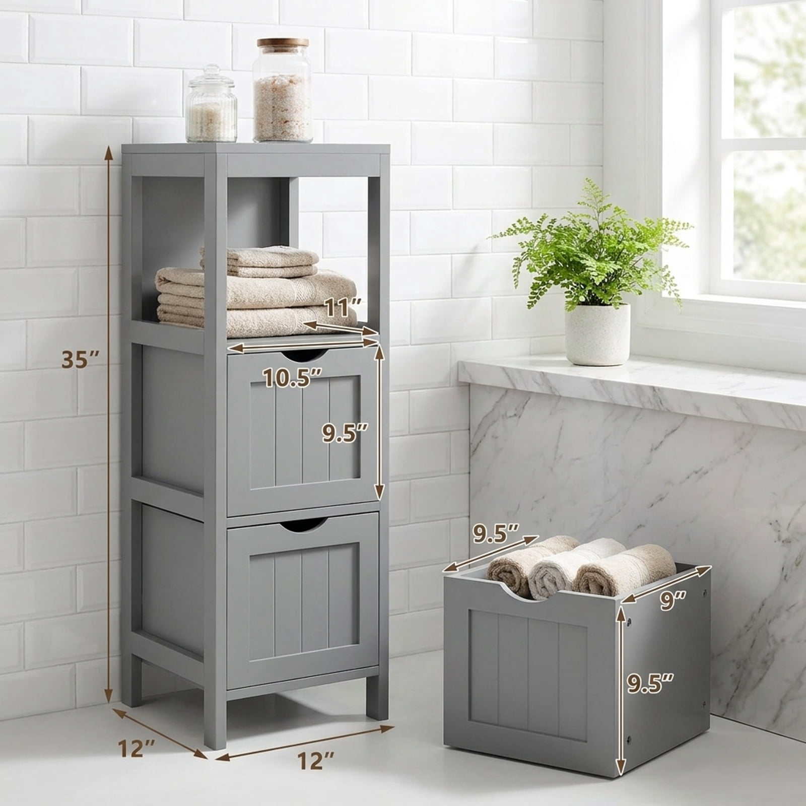 Vebreda Freestanding Bathroom Storage Cabinet, Freestanding Storage Cabinet with 2 Removable Drawers for Bathroom, Extra Anti-Toppling Mechanism