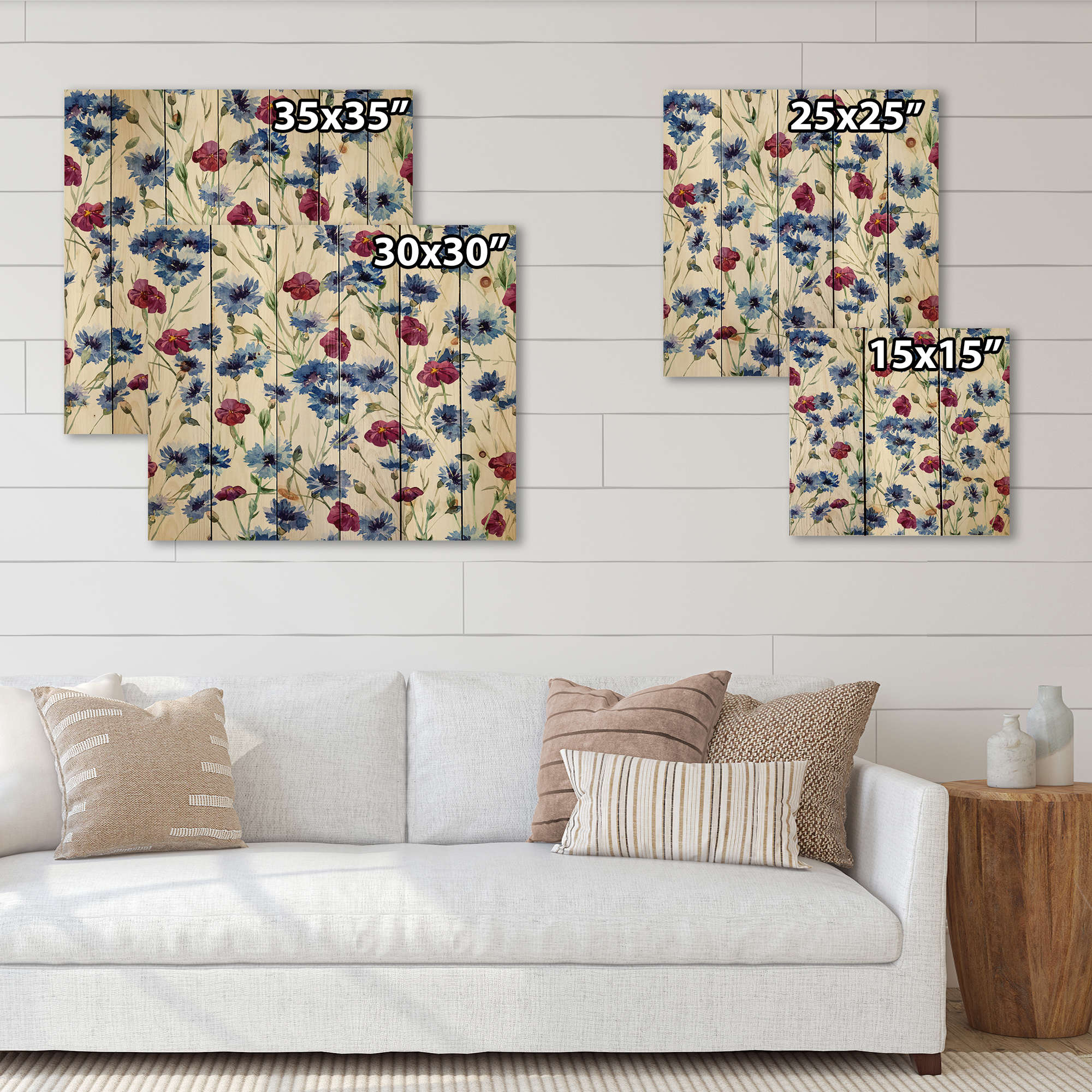 Designart 'Red and Blue Wildflowers' Traditional Print on Natural Pine Wood
