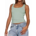 thumbnail image 2 of Women'S Sleeveless Square Neck Tank Top Double Layer Basic Crop Tops Summer Fitness Workout Casual Tops Green L, 2 of 7