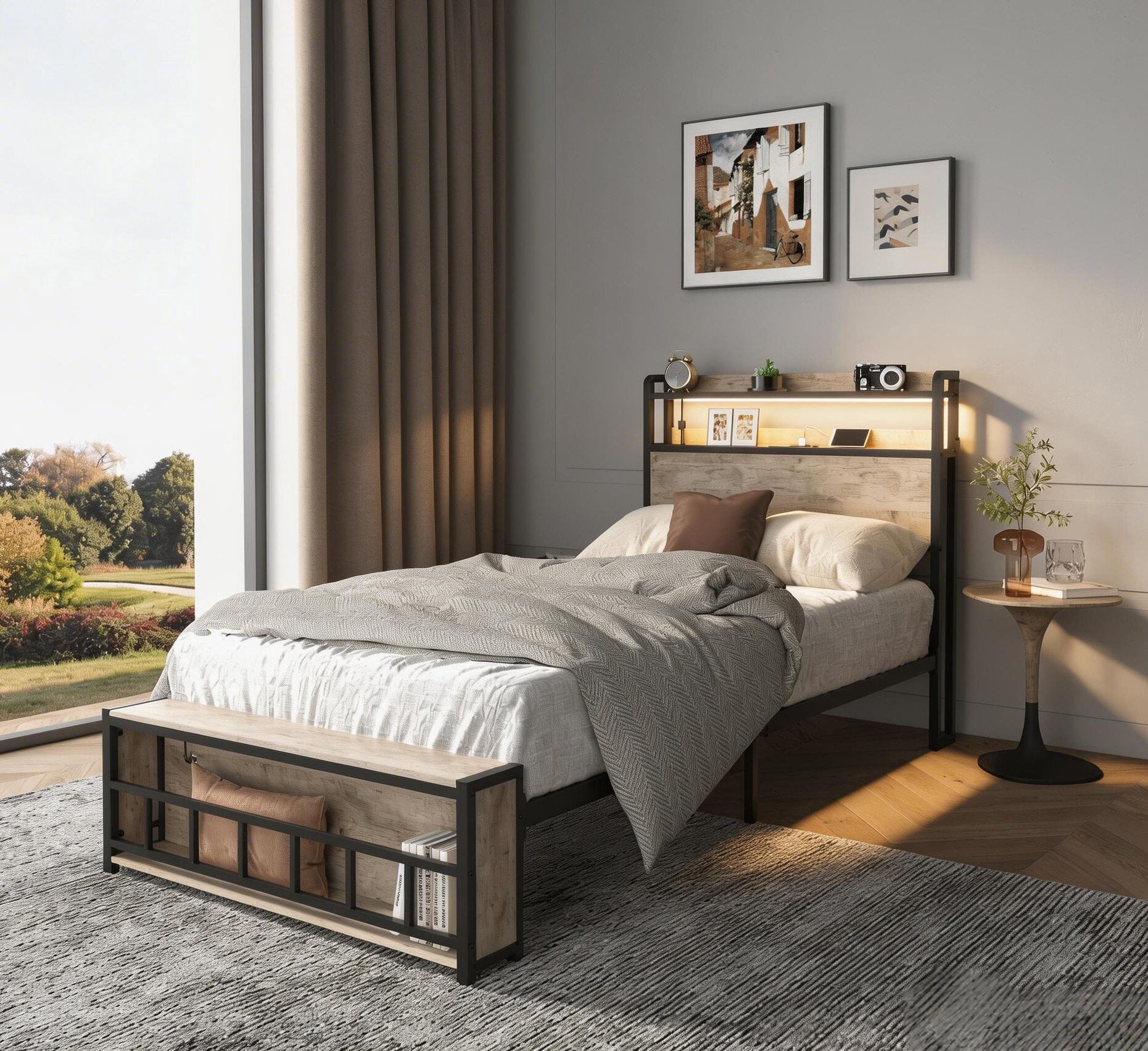 Mintazer Kids Twin Size Power Outlet Headboard and Footboard Shelves Storage Metal Platform Bed Frame with LED Light and USB Charging for Boys Girls, Gray