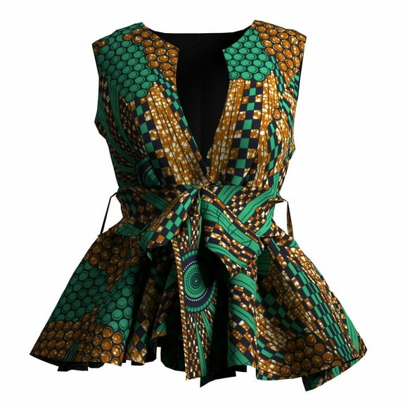 Bintarealwax Womens Dashiki Tops Sleeveless Summer African Printed Slim Fit Shirts Blouse Ankara Traditional Coat with Belt WY11069