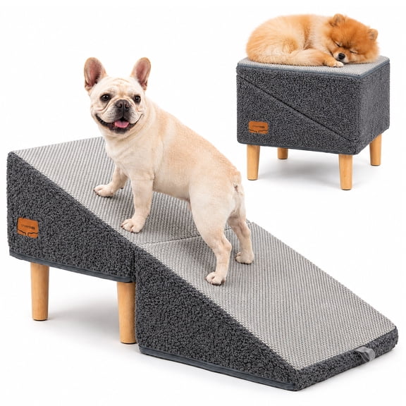 CheerPals 2-in-1 Foldable Dog Ramp & Pet Ottoman for Couch and Bed, Non-Slip Pet Stairs with High-Density Foam for Dogs Cats, Supports 40 lbs