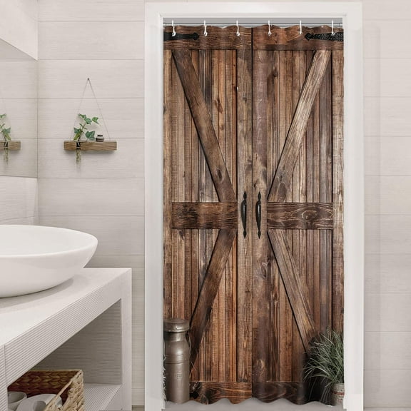 Small Size Rustic Barn Door Shower Curtain for Bathroom, Retro Countryside Wood Board Bathroom Decor Curtain Sets,Art Vintage Famhouse Western Bath Curtains RV Shower Curtains with Hooks 36X70IN