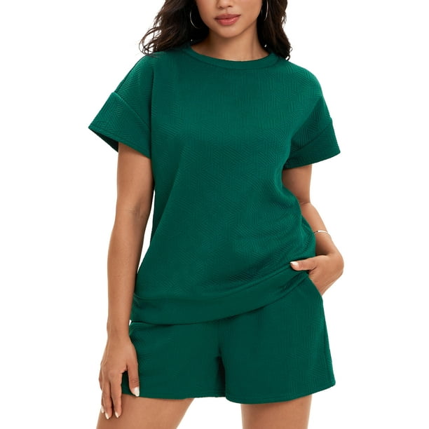 Conjunto de verano de 2 piezas para mujer ATHLECHIC, con camiseta de manga corta y pantalones cortos, talla XL, verde oscuro