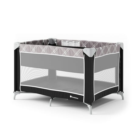 Foundations Sleep 'N Store Baby Play Yard, Foldable with Bassinet & Mattress, Mod Plaid Gray