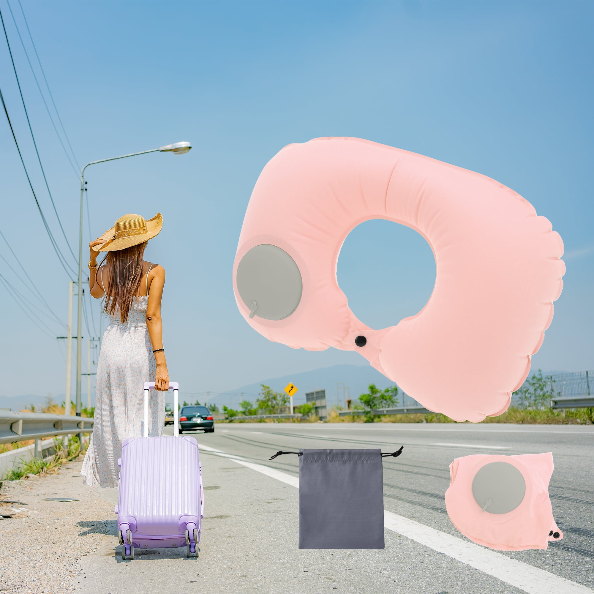 Unique Bargains Travel Pillow Press to Inflate Neck Pillow Light Pink 15.75"x11.02"