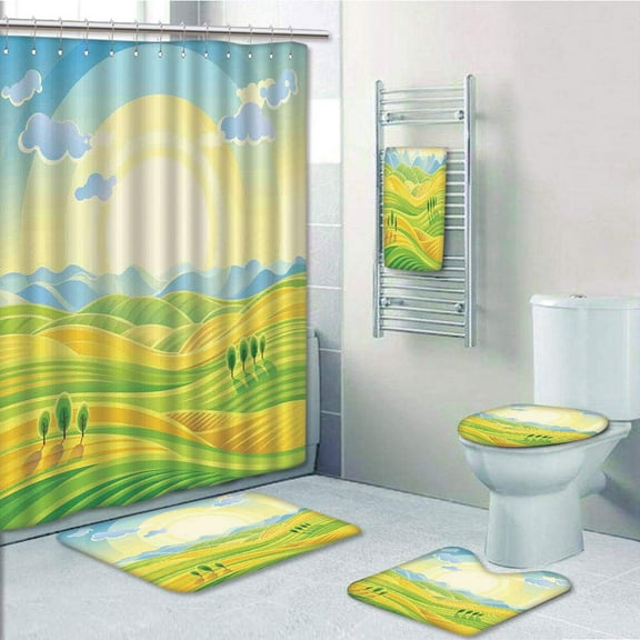 PRTAU Sunny Rural Landscape with Rolling Hills Fields in Autumn Color Cartoon 5 Piece Bathroom Set Shower Curtain Bath Towel Bath Rug Contour Mat and Toilet Lid Cover