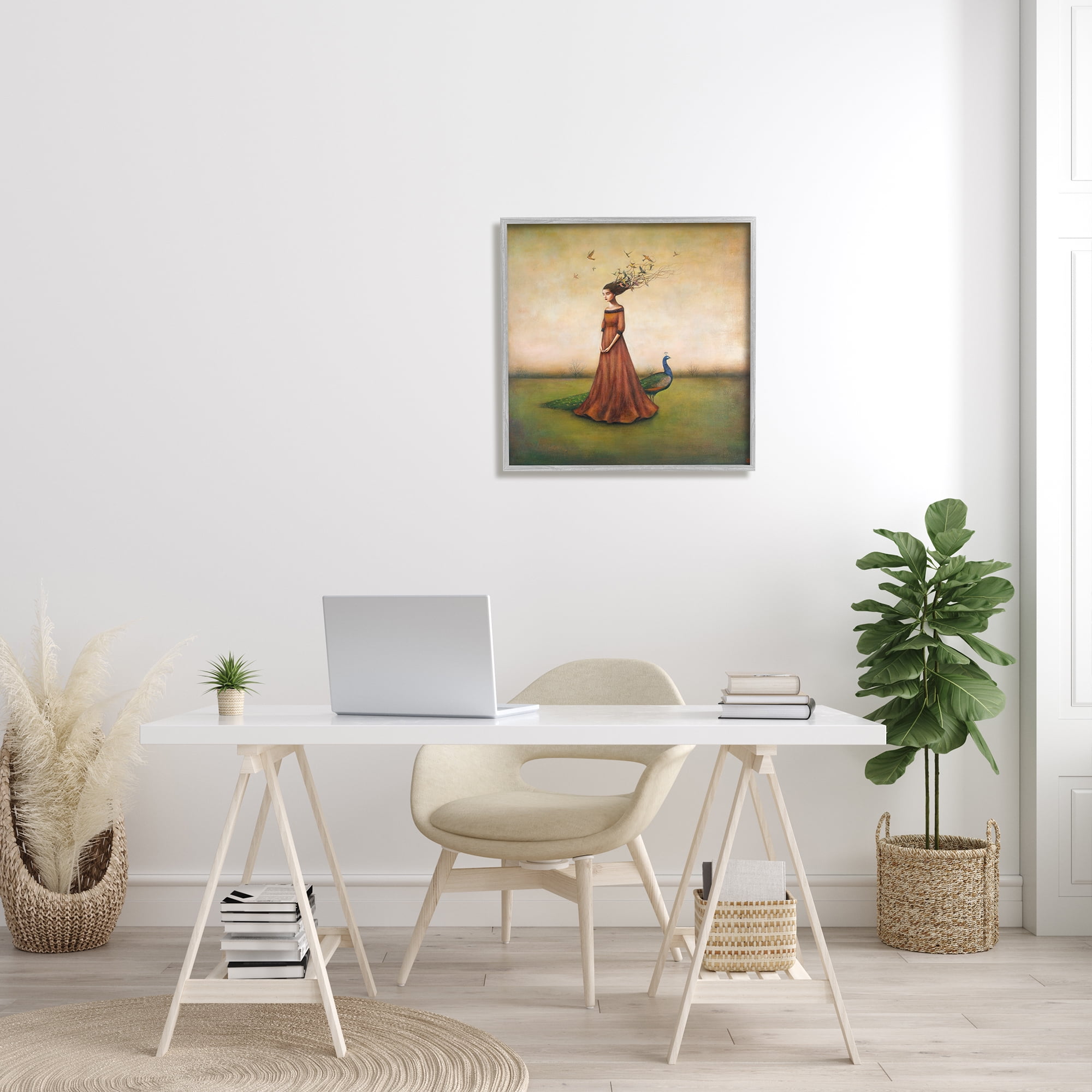 Stupell Industries Beauty and Birds in Her Hair Woman and Peacock Illustration Graphic Art Gray Framed Art Print Wall Art, 24x24, by Duy Huynh